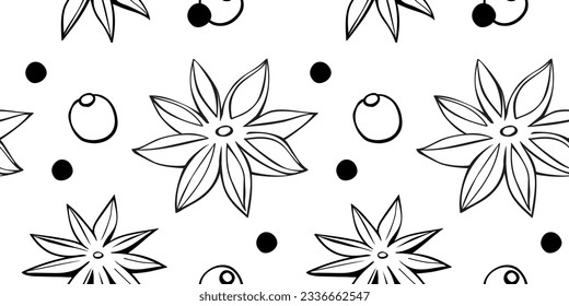 Vector seamless pattern of star anise, pepper in doodle style. Background or texture of seasonings, food additive, spice