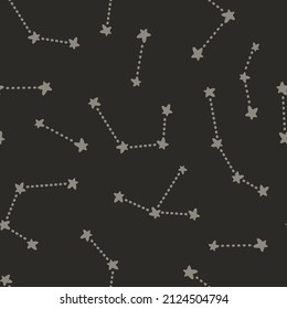 vector seamless pattern, star constellation on black backgroundm cute night sky seamless pattern