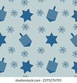 Vector seamless pattern. Star of David, dreidel and flowers on a blue background. Beautiful background for decorating the holiday Hanukkah