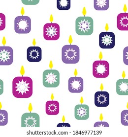 Vector seamless pattern with star decorated colorful candles on white background. Perfect for christmas decor, new year decor, home decor, fabric, bedding, napkins, wrapping paper, gift bags, boxes.