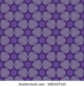 Vector seamless pattern. Star and triangle in hexagon. Purple, gold, grey.