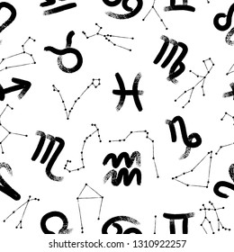 Vector seamless pattern, star zodiac constellations. Zodiac background. Calligraphy symbols.