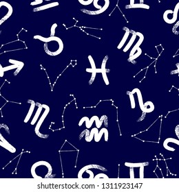Vector seamless pattern, star zodiac constellations. Zodiac background. Calligraphy symbols.