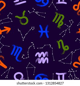 Vector seamless pattern, star zodiac constellations. Zodiac background. Calligraphy symbols.