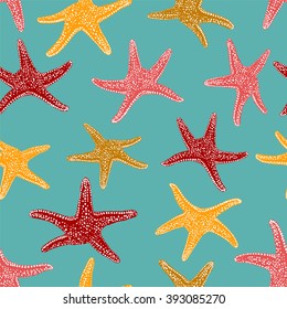 Vector Seamless pattern - starfish. Colorful summer background.  Natural seamless pattern