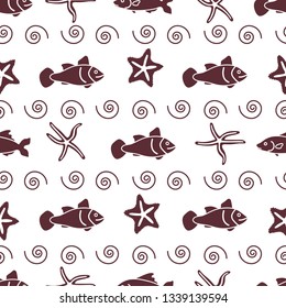 Vector seamless pattern with starfish and fish. Marine background. Design for banner, poster or print.