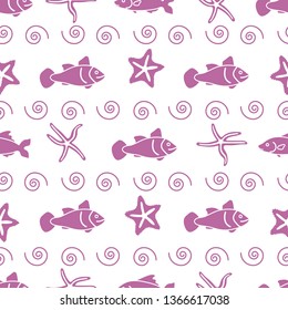 Vector seamless pattern with starfish and fish. Marine background. Design for banner, poster or print.