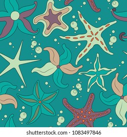 Vector seamless pattern with starfish. Sea background with five-fingers in different shapes.