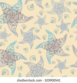 Vector seamless pattern with starfish and seashells