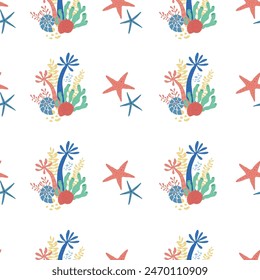Vector Seamless Pattern with Starfish and Seaweeds.
