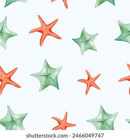 Vector seamless pattern with starfish. Watercolor srarfish background. 