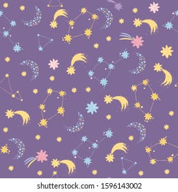 Vector seamless pattern, starry sky. Space galaxy, constellations of the solar system. Pastel colors. For toddlers and children