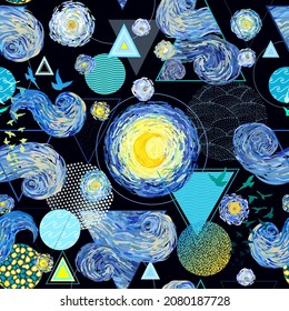 Vector seamless pattern of starry sky, glowing yellow moon, circles, triangles and birds on black background. Vector illustration in impressionist painting style and modern geometric minimalism.