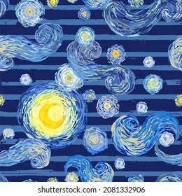 Vector seamless pattern of starry sky, glowing yellow moon on deep blue striped background. Vector wallpaper texture in impressionist painting style and modern geometric minimalism.