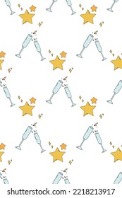 Vector seamless pattern with stars and champagne.