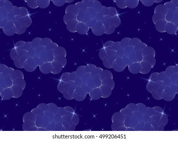 Vector seamless pattern with stars clouds and sky.Abstract night seamless background. Repainting pattern with deep blue sky