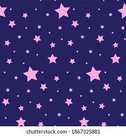 Vector seamless pattern with stars. Colorful background. Simple creative print for clothes, web, greeting cards, gift wrap and design. Pink stars on blue board. Night sky, astrology and astronomy. 
