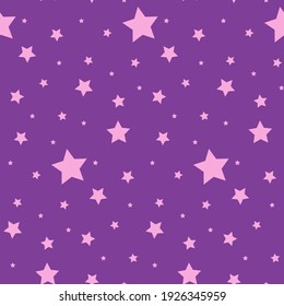 Vector seamless pattern with stars. Colorful background. Simple creative print for clothes, web, greeting cards, gift wrap and design. Pink stars on purple board. Night sky, astrology and astronomy. 