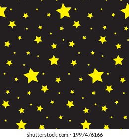 Vector seamless pattern with stars. Colorful background. Simple creative print for clothes, web, greeting cards, gift wrap and design. Yellow stars on black board. Night sky, astrology and astronomy. 