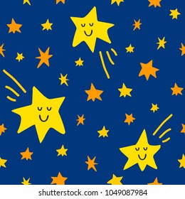 Vector seamless pattern with stars and comet on blue sky background. Graphic illustration in cute cartoon style for print, decor, fabric or textile and prints.
