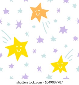 Vector seamless pattern with stars and comet on white sky background. Graphic illustration in cute cartoon style for print, decor, fabric or textile and prints.