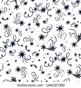 Vector seamless pattern with stars and comets Magical digital paper Black and white space print
