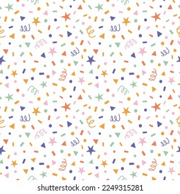 Vector seamless pattern with stars, confetti, sprinkles, garlands. Kids Birthday party background. Festive background. For textiles, clothing, bed linen, office supplies.