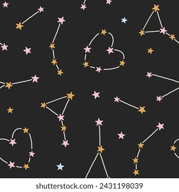 Vector seamless pattern with stars and constellations. Adorable cosmic vector pattern for kids design, fabric, wallpaper. Lovely childish celestial background in flat cartoon style. Sky illustration