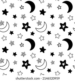 Vector seamless Pattern with Stars and Crescent. Irregular Background in doodle style. Black sky elements. Hand drawn sketch