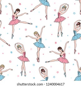 Vector seamless pattern with stars and cute cartoon ballerinas in pink and blue tutu dresses on white background. Ballet dance illustration 