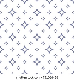 Vector seamless pattern with stars, diamond shapes, small outline squares. Abstract geometric texture in white and blue serenity colors. Elegant ornamental background. Repeat design for decor, textile