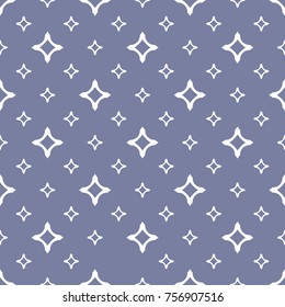 Vector seamless pattern with stars, diamond shapes, small outline squares. Abstract geometric texture in white and blue serenity colors. Elegant ornamental background. Repeat design for decor, textile