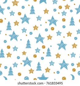Vector seamless pattern with stars and fir-trees