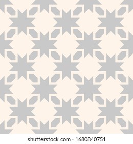 Vector seamless pattern with stars, flowers, diamonds, geometric shapes, grid. Abstract floral texture. Gray and beige color. Simple ornament background. Repeat geo design for decor, print, wallpaper