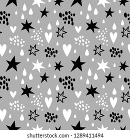 Vector seamless pattern with stars and heart. Scandinavian style, stars.