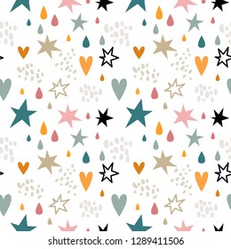 Vector seamless pattern with stars and heart. Scandinavian style, stars.