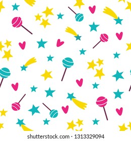 Vector seamless pattern with stars, hearts ans lollies