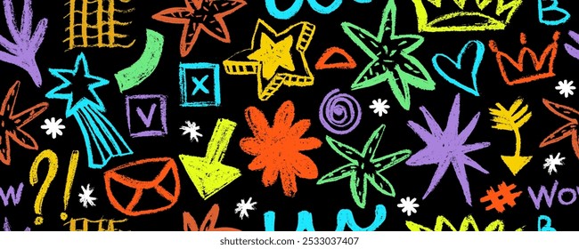 Vector seamless pattern stars, meteorite and figure doodle style drawn by hand. Grunge scrawls, charcoal scribbles, rough brush strokes. Bold charcoal freehand stars. Crayon or marker scribbles