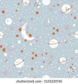 Vector seamless pattern with stars, moon and planets. Cute baby space background in simple hand drawn Scandinavian style. Good for decorating nursery, baby clothes, baby shower decor.