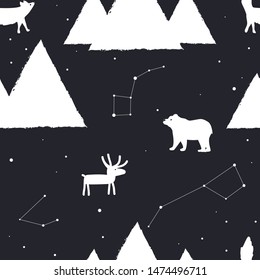 Vector seamless pattern with stars, mountains and arctic animals. Deer, fox, and polar bear, scandinavian background