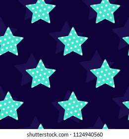 Vector seamless pattern with stars with polka dots, mint color. Cute childish background. EPS10. Can be used for wrapping paper, design of banners, cards, print on clothes. 