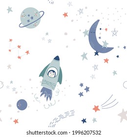 Vector seamless pattern with stars, rockets and planets. Cute baby space illustration in simple hand drawn Scandinavian style. Good for decorating nursery, baby clothes, baby shower decor.
