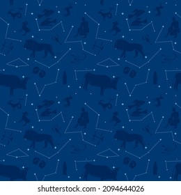 vector seamless pattern with stars and silhouettes of Zodiac animals - dark blue