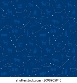 vector seamless pattern with stars and silhouettes of Zodiac animals -  blue