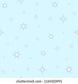 Vector seamless pattern with stars / snowflakes on light blue background. Luminous simple flat ornament for paper, textiles, plastic and ceramics