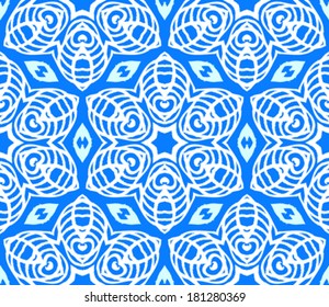 Vector seamless pattern with stars or snowflakes in white and blue. 