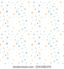 Vetor padrão sem emenda com estrelas e flocos de neve, design de Natal, estilo plano