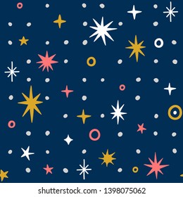 Vector seamless pattern with stars. Space repeated texture for kids textile. Dark geometric background with twinking stars.
