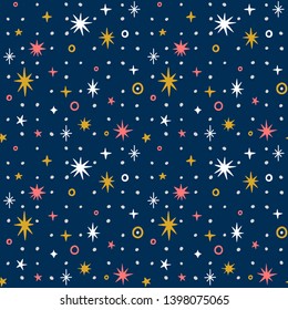 Vector seamless pattern with stars. Space repeated texture for kids textile. Dark geometric background with twinking stars.