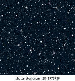 Vector seamless pattern with stars and sparkles. Starry repeated texture. Print with night sky for fabric, wallpaper and wrapping paper.